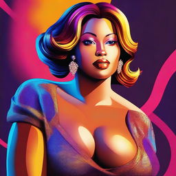 A digital art portraying a confident woman with a curvaceous figure, including a large bust