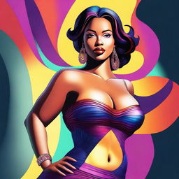 A digital art portraying a confident woman with a curvaceous figure, including a large bust