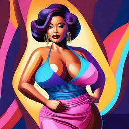 A digital art portraying a confident woman with a curvaceous figure, including a large bust