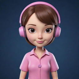 Create a 3D cute character portrayal of a girl with a tech enthusiast look. She has brown hair and eyes, and is wearing a pink outfit. Set against a dark blue (hex color #07296D) background.