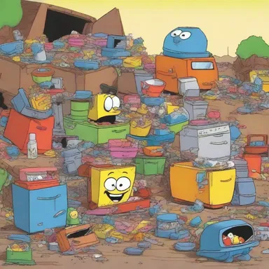 In the cartoon, the mischievous characters find themselves exploring a massive junk pile filled with discarded toys and old appliances.