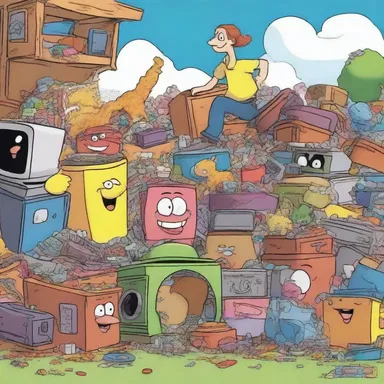 In the cartoon, the mischievous characters find themselves exploring a massive junk pile filled with discarded toys and old appliances.