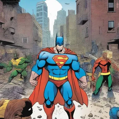 The superhero comic features a climactic battle scene where the villain's hideout is revealed to be a secret junk pile in the outskirts of the city.