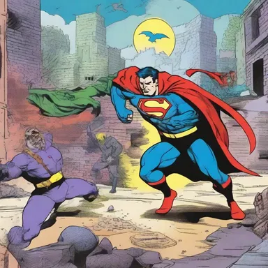 The superhero comic features a climactic battle scene where the villain's hideout is revealed to be a secret junk pile in the outskirts of the city.
