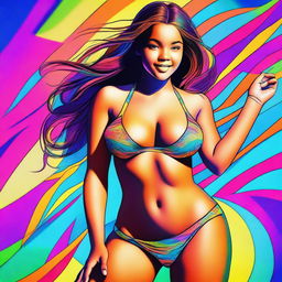 A digital art of a teen girl with a voluptuous figure wearing a micro bikini