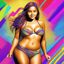 A digital art of a teen girl with a voluptuous figure wearing a micro bikini