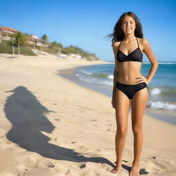 A high-resolution photograph of a real teenager with a full figure, wearing a black bikini