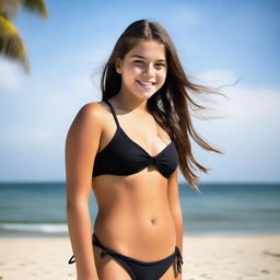 A high-quality real-life photograph featuring a teen girl with a full figure, sporting a black bikini, with a focus on her stomach