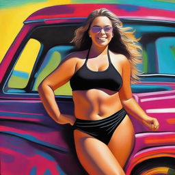 An image of a confident, full-figured teenage girl in a black bikini driving a truck