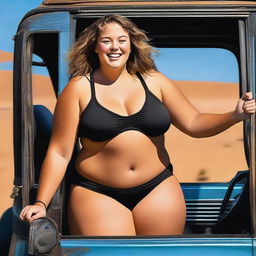 An image of a confident, full-figured teenage girl in a black bikini driving a truck