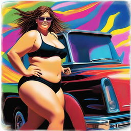 An image of a confident, full-figured teenage girl in a black bikini driving a truck