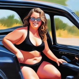 An image of a confident, full-figured teenage girl in a black bikini driving a truck