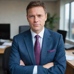 A professional, businesslike portrait of an individual in a suit, sitting in an office setting, gazing directly at the camera with a confident expression.