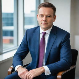 A professional, businesslike portrait of an individual in a suit, sitting in an office setting, gazing directly at the camera with a confident expression.