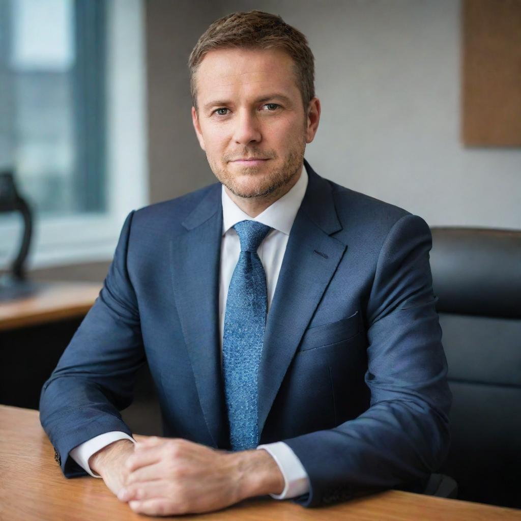 A professional, businesslike portrait of an individual in a suit, sitting in an office setting, gazing directly at the camera with a confident expression.