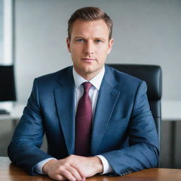 A professional, businesslike portrait of an individual in a suit, sitting in an office setting, gazing directly at the camera with a confident expression.