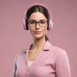 Modify the existing woman character by removing her headset, adding glasses, and changing her outfit to a subtle pink shade.