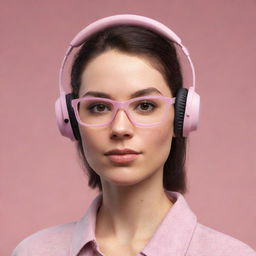 Modify the existing woman character by removing her headset, adding glasses, and changing her outfit to a subtle pink shade.