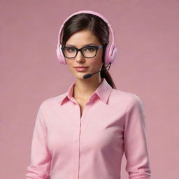 Modify the existing woman character by removing her headset, adding glasses, and changing her outfit to a subtle pink shade.