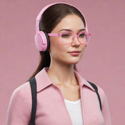 Modify the existing woman character by removing her headset, adding glasses, and changing her outfit to a subtle pink shade.