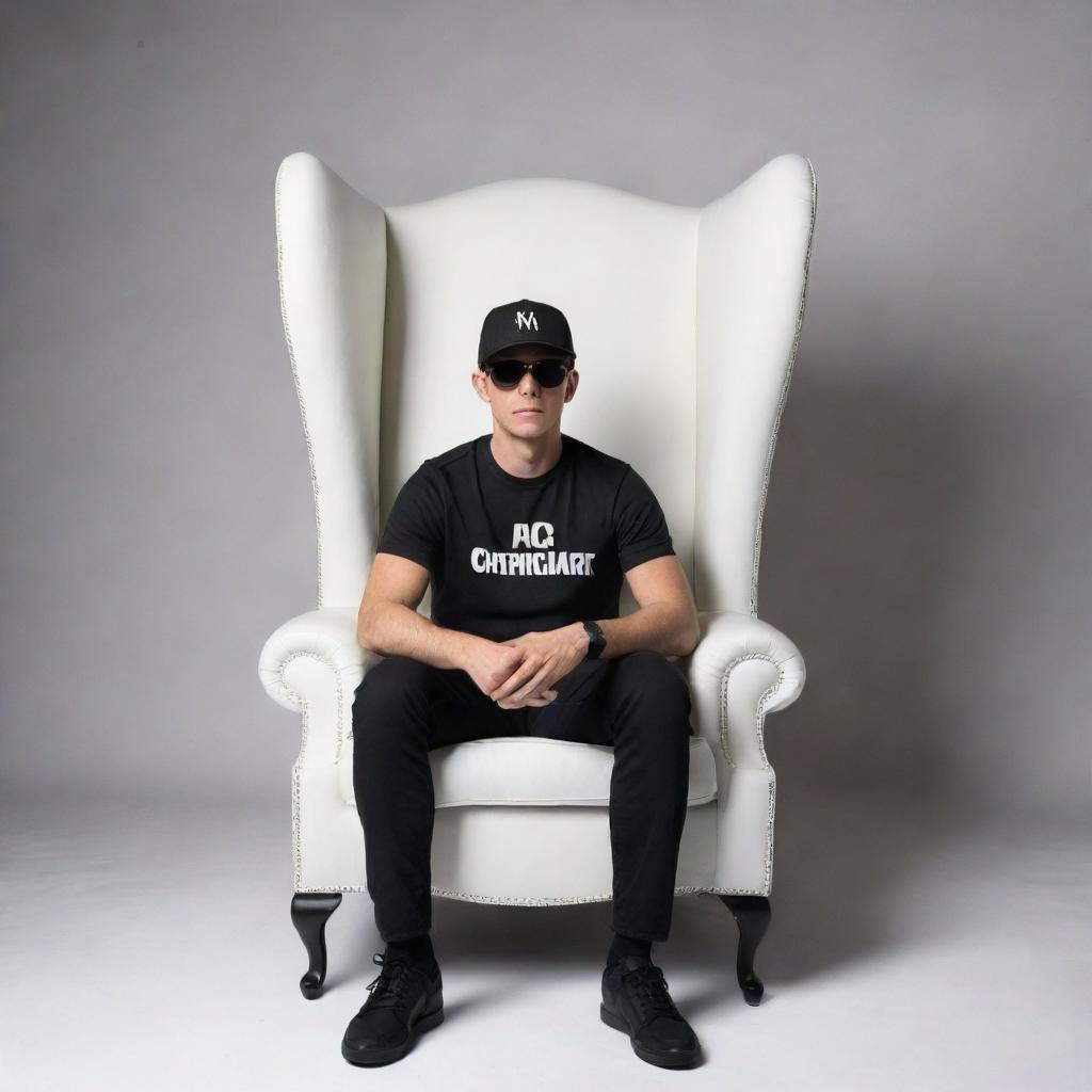 A 3D illusion of a casual boy in a black shirt and sneakers, sporting a black cricket cap and sunglasses, seated on a Wingback Chair. He confidently looks forward against a background displaying 'rchesterb' in large, white capital letters.