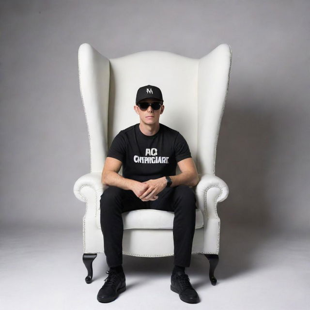 A 3D illusion of a casual boy in a black shirt and sneakers, sporting a black cricket cap and sunglasses, seated on a Wingback Chair. He confidently looks forward against a background displaying 'rchesterb' in large, white capital letters.