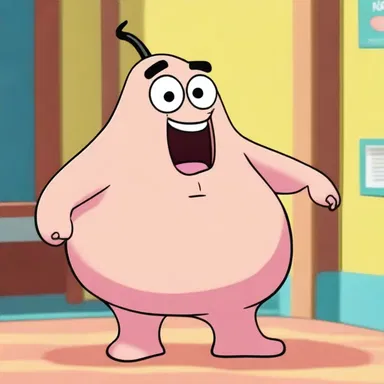 In the cartoon, the character's stomach is always portrayed as protuberant and jiggly.