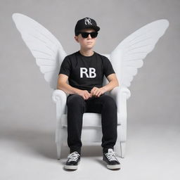 A 3D illusion of a casual boy in a black shirt and sneakers, sporting a black cricket cap and sunglasses, seated on a Wingback Chair. He confidently looks forward against a background displaying 'rchesterb' in large, white capital letters.