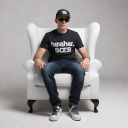 A 3D illusion of a casual boy in a black shirt and sneakers, sporting a black cricket cap and sunglasses, seated on a Wingback Chair. He confidently looks forward against a background displaying 'rchesterb' in large, white capital letters.