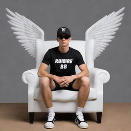 A 3D illusion of a casual boy in a black shirt and sneakers, sporting a black cricket cap and sunglasses, seated on a Wingback Chair. He confidently looks forward against a background displaying 'rchesterb' in large, white capital letters.