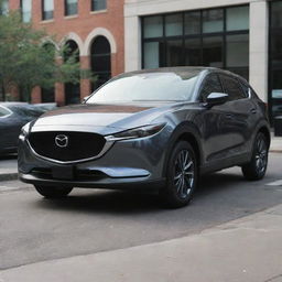 A brand new, sleek, and shiny Mazda car parked in an urban setting during daytime.