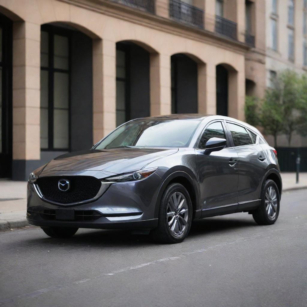 A brand new, sleek, and shiny Mazda car parked in an urban setting during daytime.