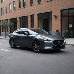 A brand new, sleek, and shiny Mazda car parked in an urban setting during daytime.