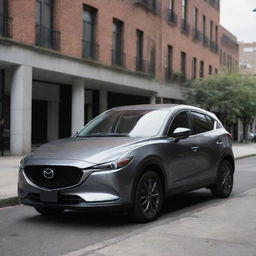 A brand new, sleek, and shiny Mazda car parked in an urban setting during daytime.