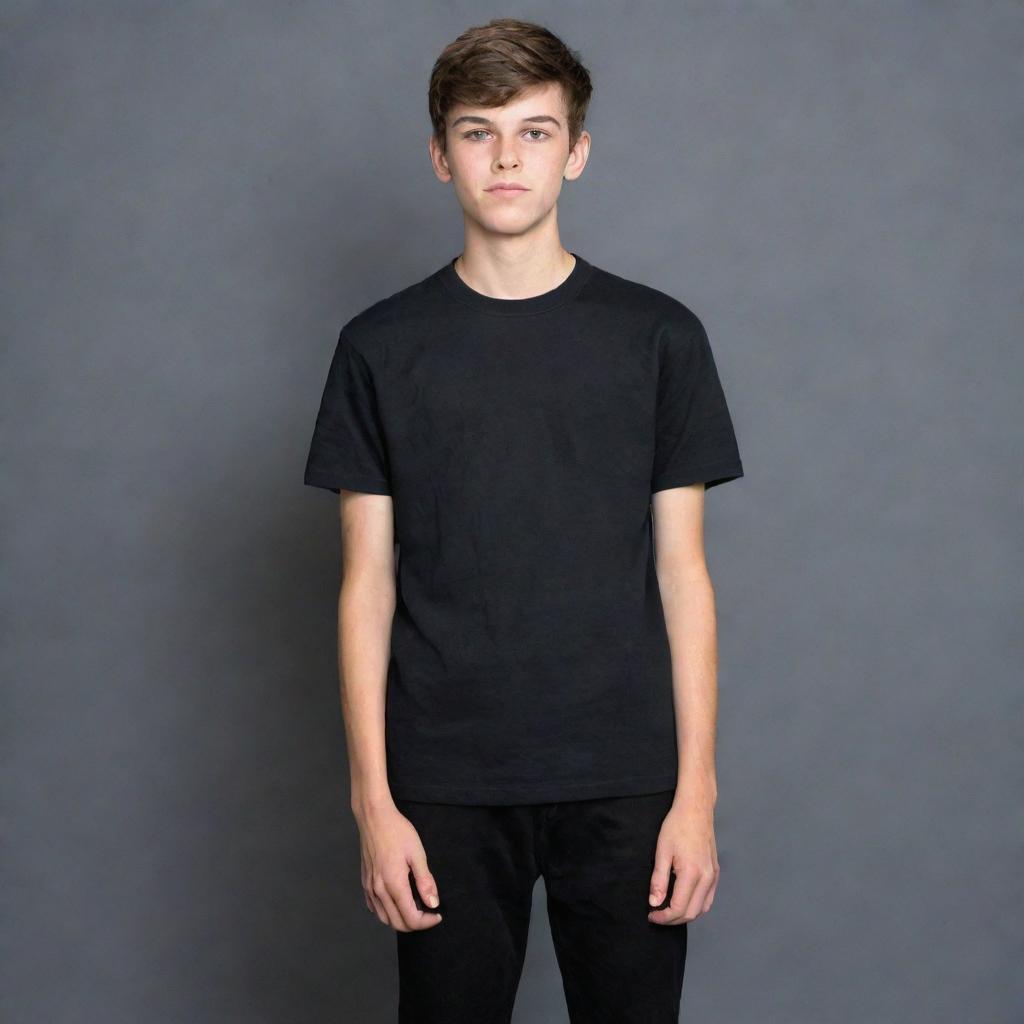 A 15-year-old boy wearing a black t-shirt and black pants standing confidently