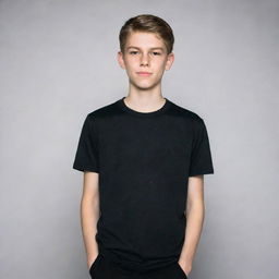 A 15-year-old boy wearing a black t-shirt and black pants standing confidently