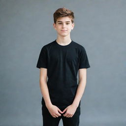 A 15-year-old boy wearing a black t-shirt and black pants standing confidently