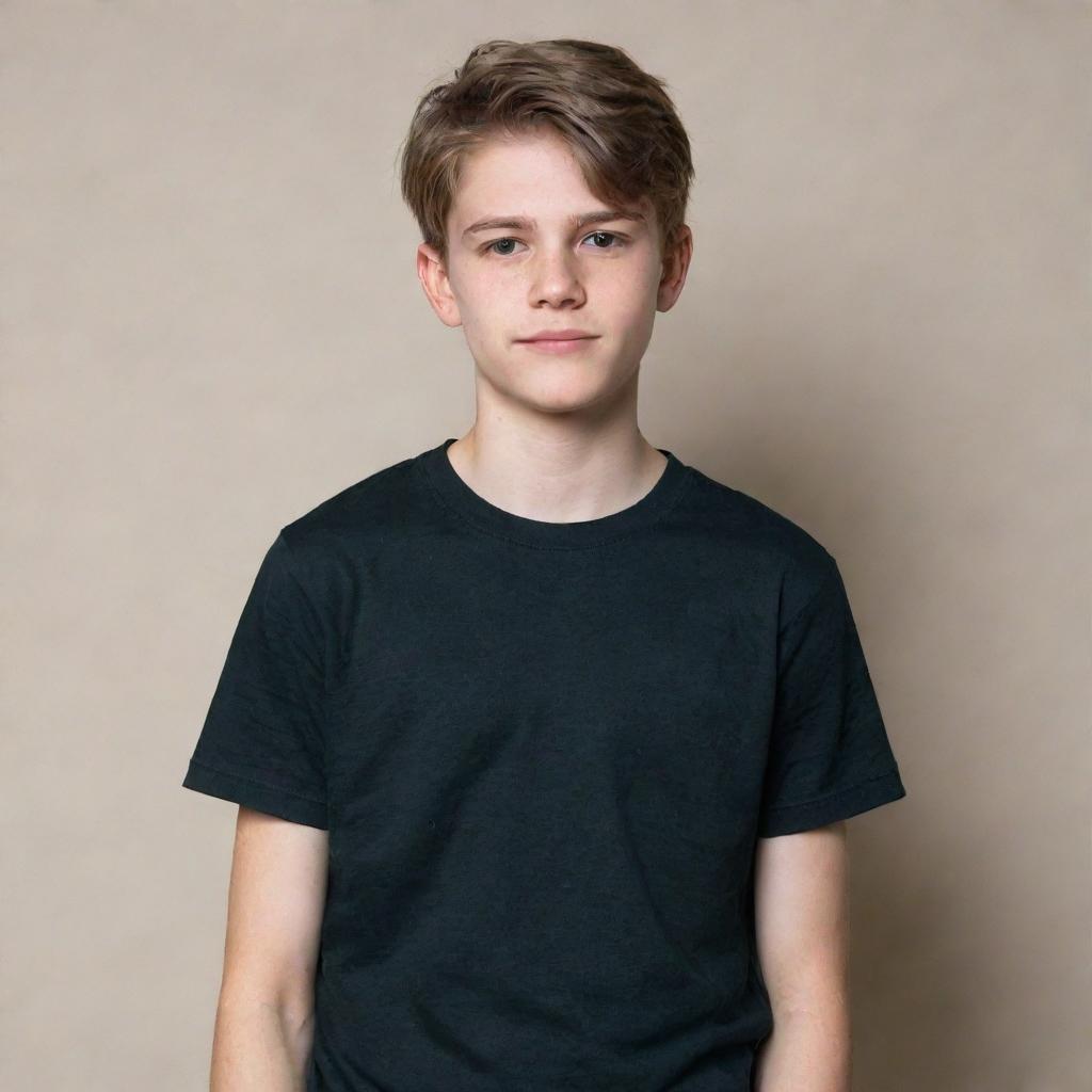 A 15-year-old boy wearing a black t-shirt and black pants standing confidently