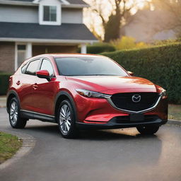 A Mazda family car in a vibrant color parked in the suburbs with soft sunlight illuminating it.