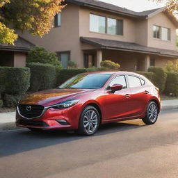 A Mazda family car in a vibrant color parked in the suburbs with soft sunlight illuminating it.