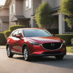 A Mazda family car in a vibrant color parked in the suburbs with soft sunlight illuminating it.