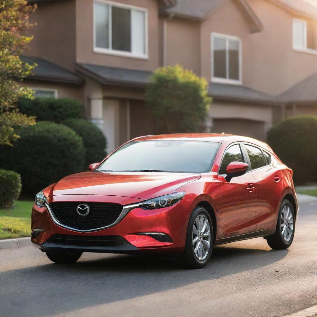 A Mazda family car in a vibrant color parked in the suburbs with soft sunlight illuminating it.