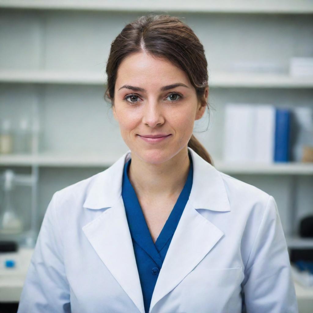 A professional and composed portrait of a female scientist in a lab coat, with laboratory equipment in the background, looking at the camera with a confident and assured expression.