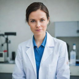 A professional and composed portrait of a female scientist in a lab coat, with laboratory equipment in the background, looking at the camera with a confident and assured expression.