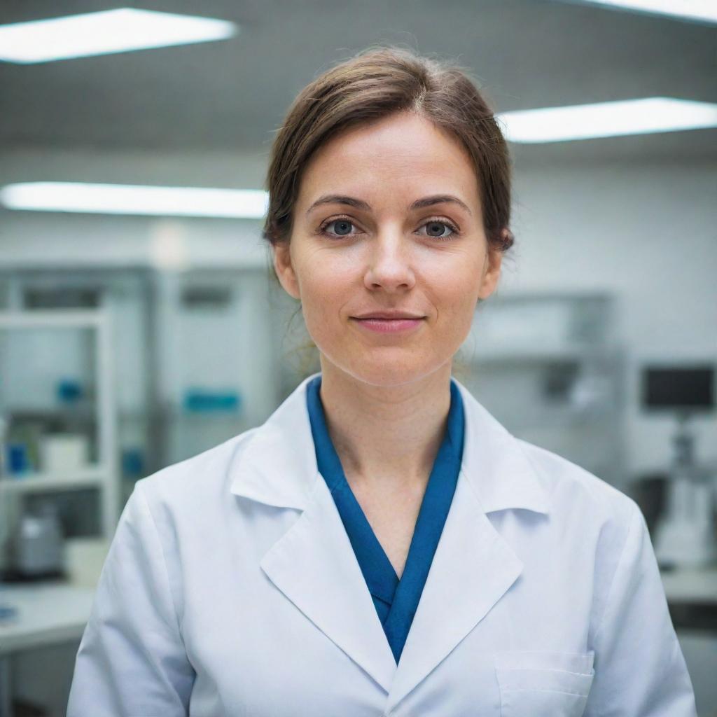 A professional and composed portrait of a female scientist in a lab coat, with laboratory equipment in the background, looking at the camera with a confident and assured expression.