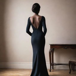 An elegant woman seen from the back, standing tall with confidence, her outfit complimenting her silhouette.