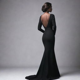 An elegant woman seen from the back, standing tall with confidence, her outfit complimenting her silhouette.