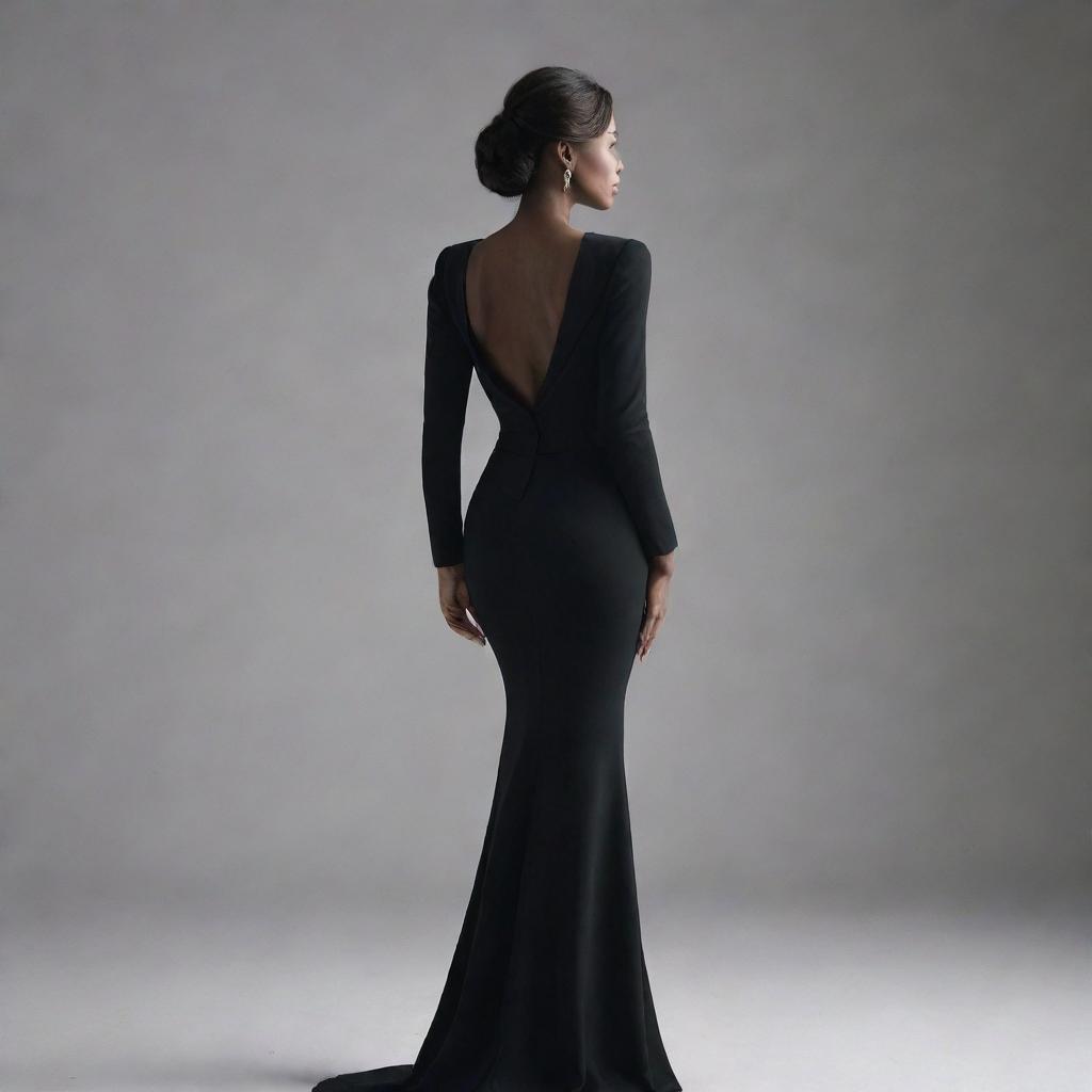 An elegant woman seen from the back, standing tall with confidence, her outfit complimenting her silhouette.