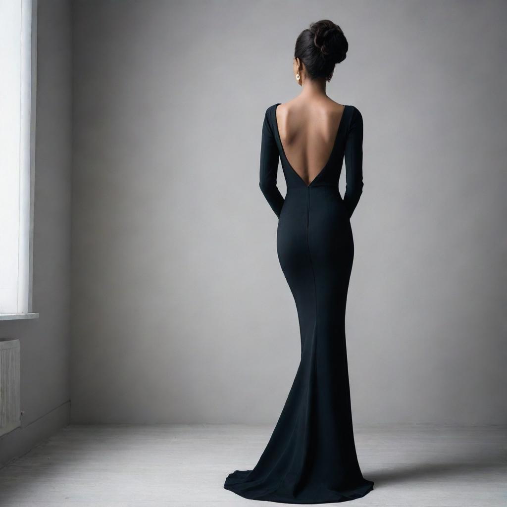 An elegant woman seen from the back, standing tall with confidence, her outfit complimenting her silhouette.