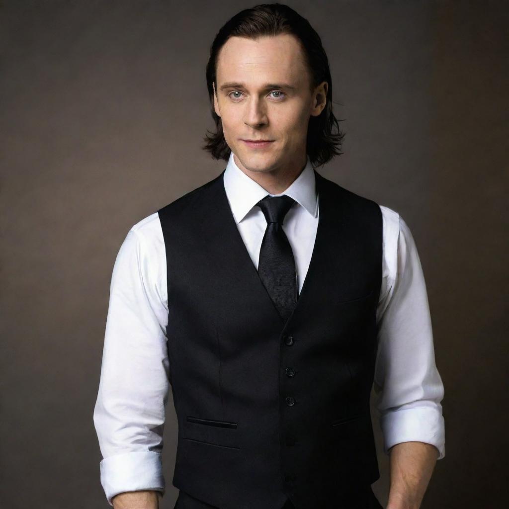 Loki elegantly dressed in a crisp white shirt, a fitted black vest, smart black pants, completed with a stylish black and white tie.